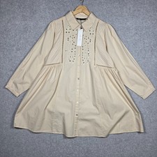 Zara Shirt Dress Womens Size Small Beige Eyelet Collared A Line Swing Midi NEW
