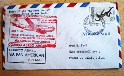 Pan American 1st Flight Cover 1950 El PRESIDENTE STRATOCRUISER Buenos Aire to NY