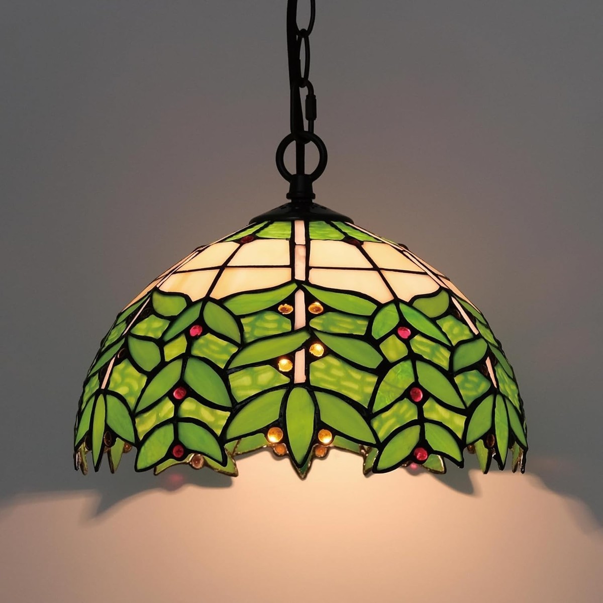 Tiffany Style Pendant Hanging Lamp Green Stained Glass Vintage
