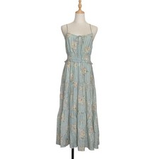 By The River Floral Midi Dress Blue Smocked Waist Tie Straps Size M