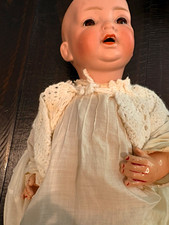 Vintage-Style Baby Doll Girl Light Complexion Brown Eyes White Dress Bonnet