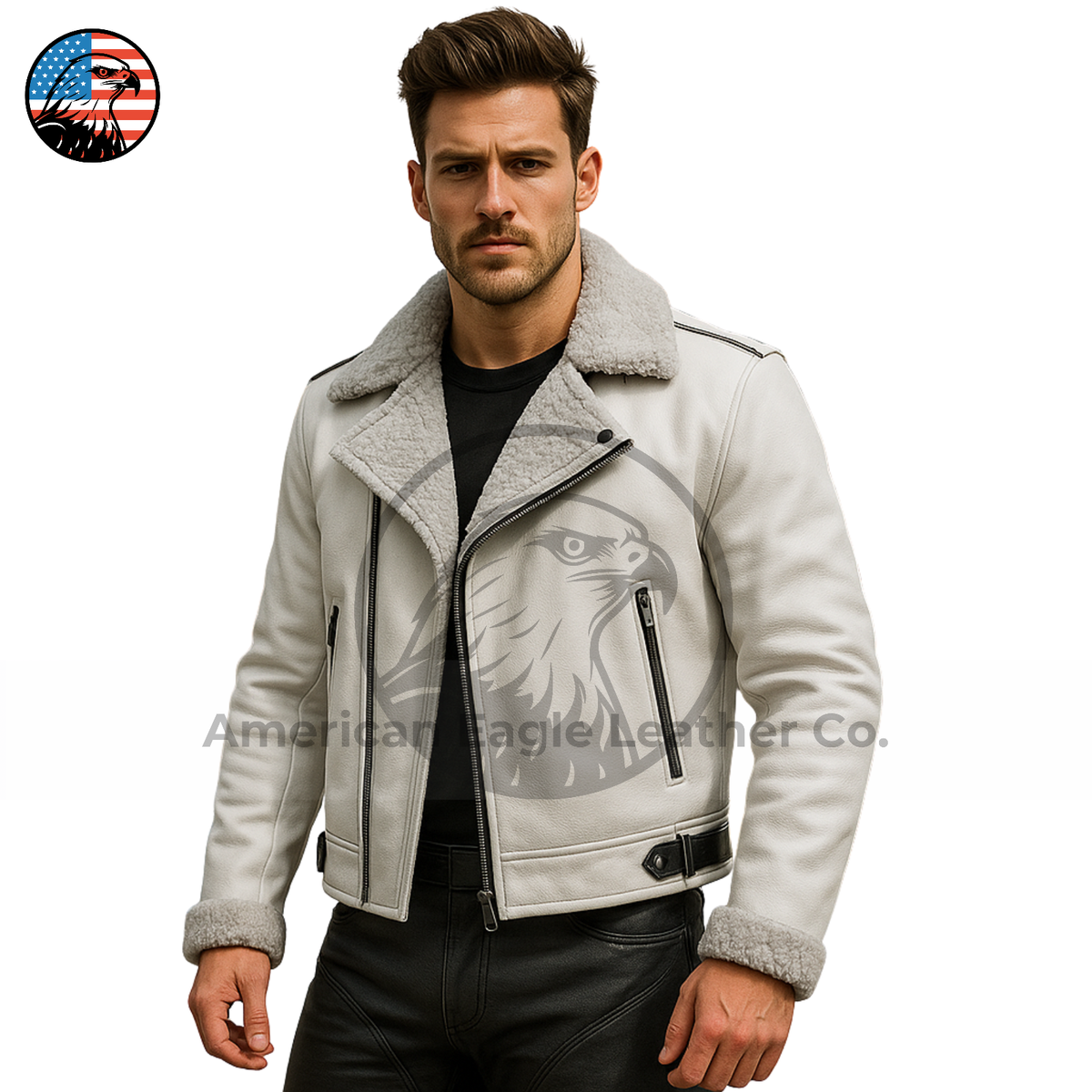 Men's White B3 Bomber Aviator Faux Fur Shearling Real Sheepskin