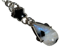 Moonstone & Onyx Necklace Sterling Silver 925 Jewellery Gift Blue Flash Teardrop