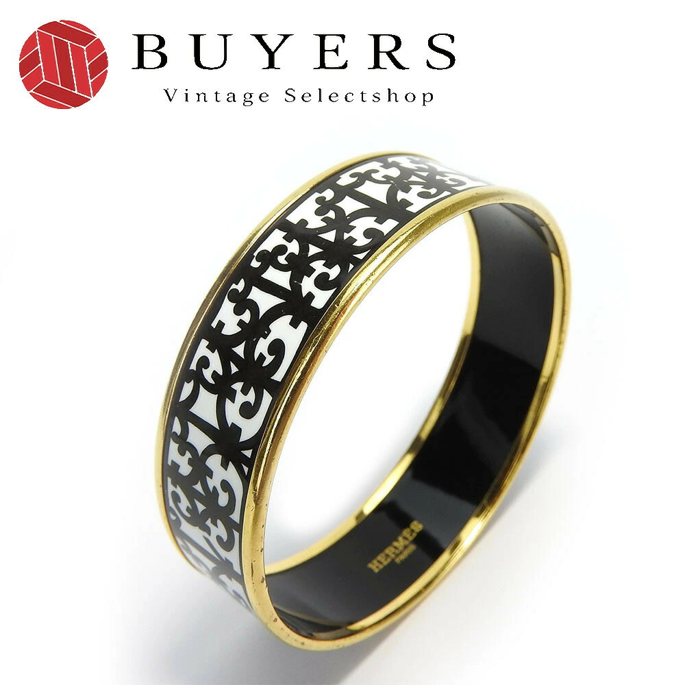 Y1225 Hermes Bracelet Enamel GM Gadalquivir Enamel Metal White Black Gold Hardwa