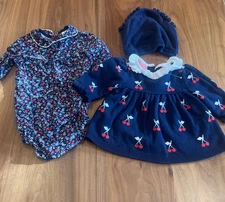 Janie and Jack Girls Cherry Sweater Navy Blue Bloomers Romper Dress LOT 3-6 Mon