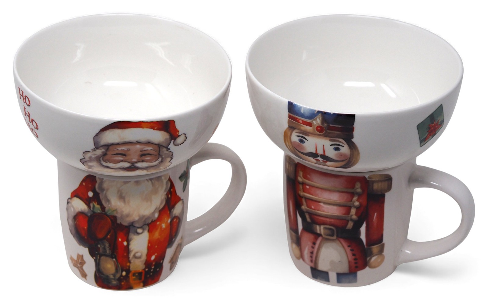 Christmas Santa and Nutcracker Stacking Ceramic Bowl and Mug Set - 4 Piece Set