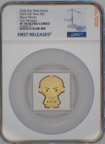 2023 NIUE 1 Oz .999 SILVER $2 STAR WARS GILT CHIBI MACE WINDU NGC FR PF70UC