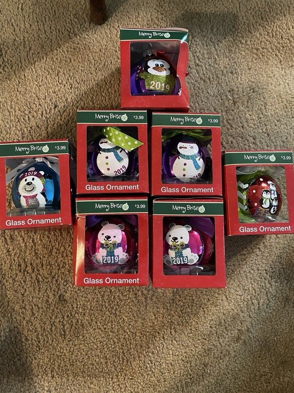 Lot Of 7 Merry Brite 2019 Glass Christmas Ornaments Polar Bears & Penguins NIB