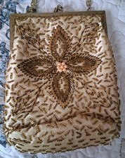 Vintage Golden Tone Floral Beaded Purse 1960s