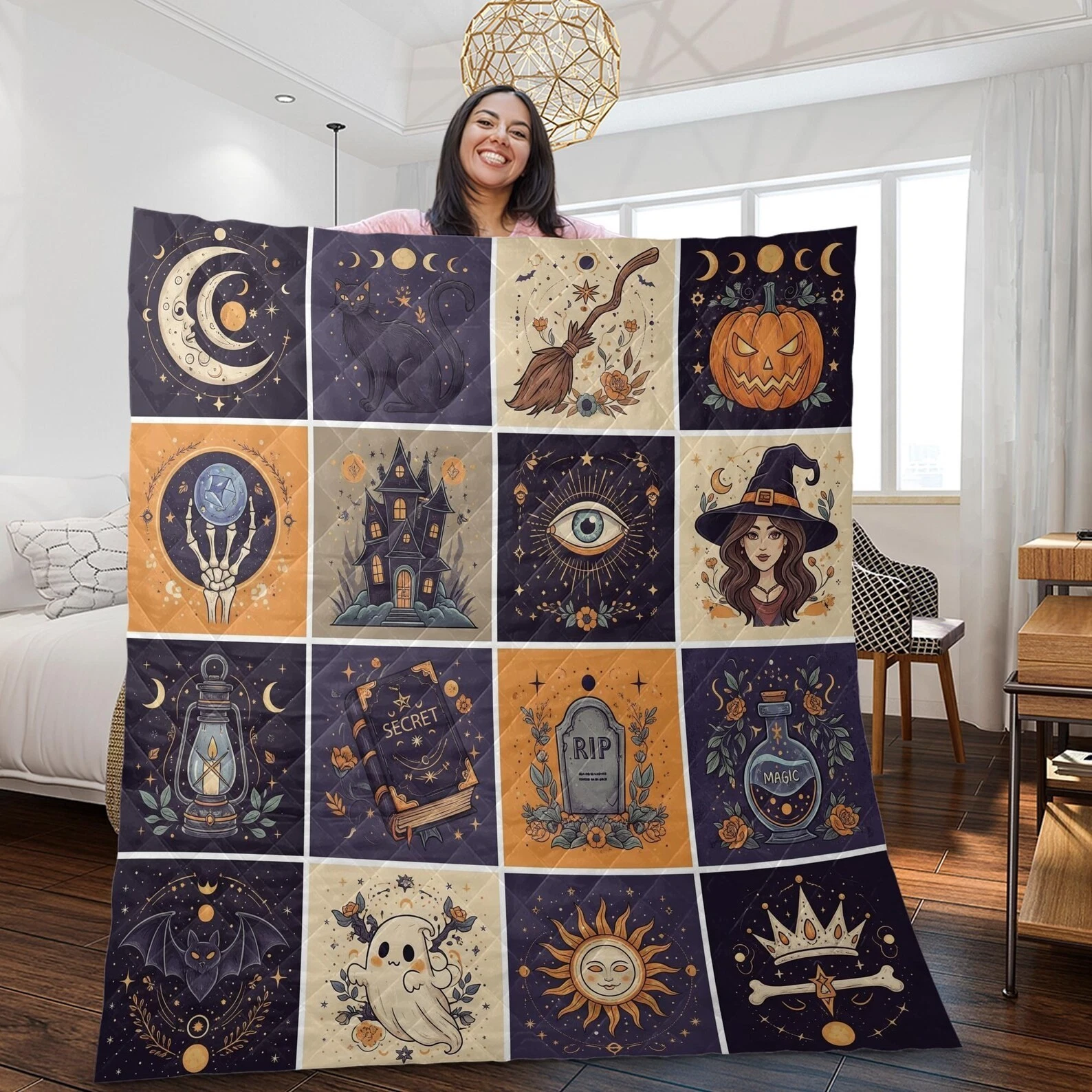 Halloween Patchwork Fleece Blanket with Witch, Haunted House, Pumpkin, Ghost & Moon Design