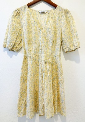 & Other Stories sz. 6 Floral Dress Cotton Yellow Blue Cottagecore Casual Party