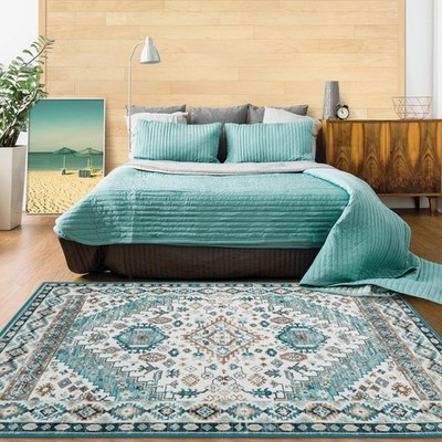 340cm Teppich Vintage-Floral-Design Kurzflor Boho Rutschfeste Unterseite Grün
