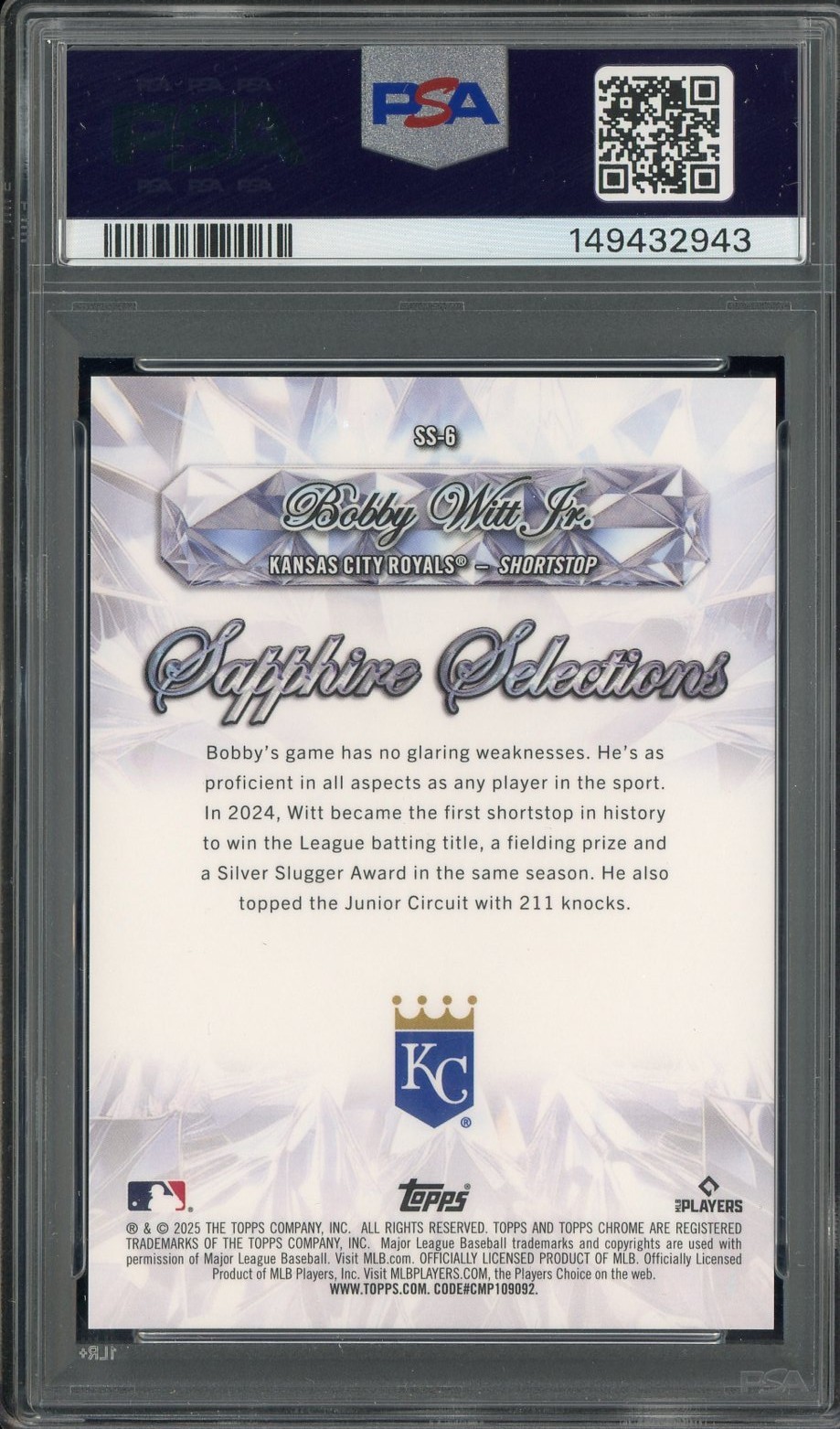2025 Topps Sapphire Selections Gold Refractor Bobby Witt Jr Royals 15/50 PSA 10 view 2
