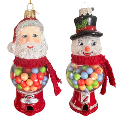 Set 2 Kurt Adler Noble Gems Snowman Santa Glass Ornament Gumball Machine Red  5''