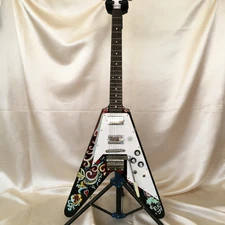 Handmade Jimi Hendrix Black Flower Printing V Electric Guitar Chrome Hardware