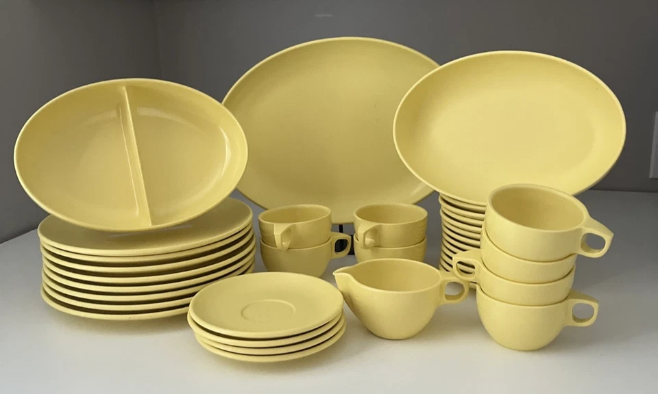 VTG Watertown Lifetime Ware Melamine Yellow Dinnerware Set 39 Pc MCM Plates Cups - Image 2 of 4