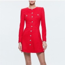 NWT ALICE + OLIVIA Shiloh L/S Tweed Pearl Buttons Minidress Red SZ 0 $550