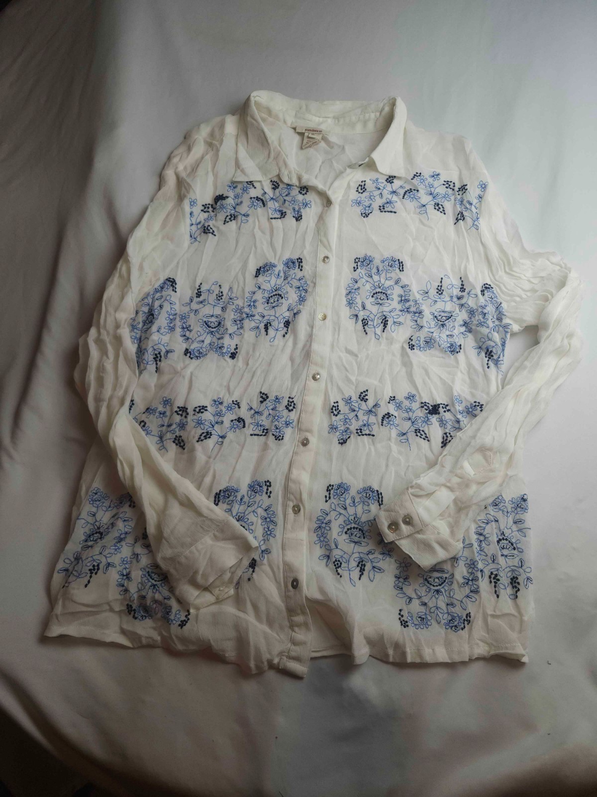 Sundance Button Down Shirt Womens Size XL White Blue Floral Embroidered Boho