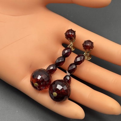 Vintage Victorian Revival Rose Gold Plated Amber Resin Plastic Earrings