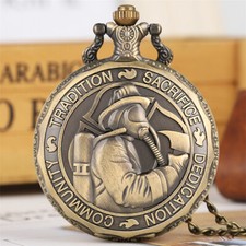 Bronze Fire Fighter Quartz Pocket Watch Chain Embossed Design Souvenir Gifts