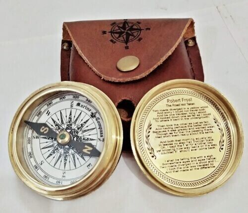 Brass Poem Compass Collectible Leather Pocket Cover Gift item - Picture 1 of 4