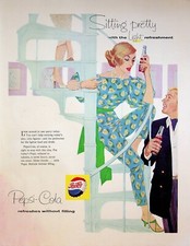 1958 Pepsi Cola Vintage 50s Print Ad Sitting Pretty Woman Man Spiral Staircase