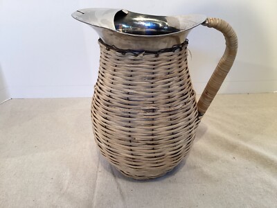 Vtg Wicker Wrapped Stainless Steel Pitcher With Ice Guard