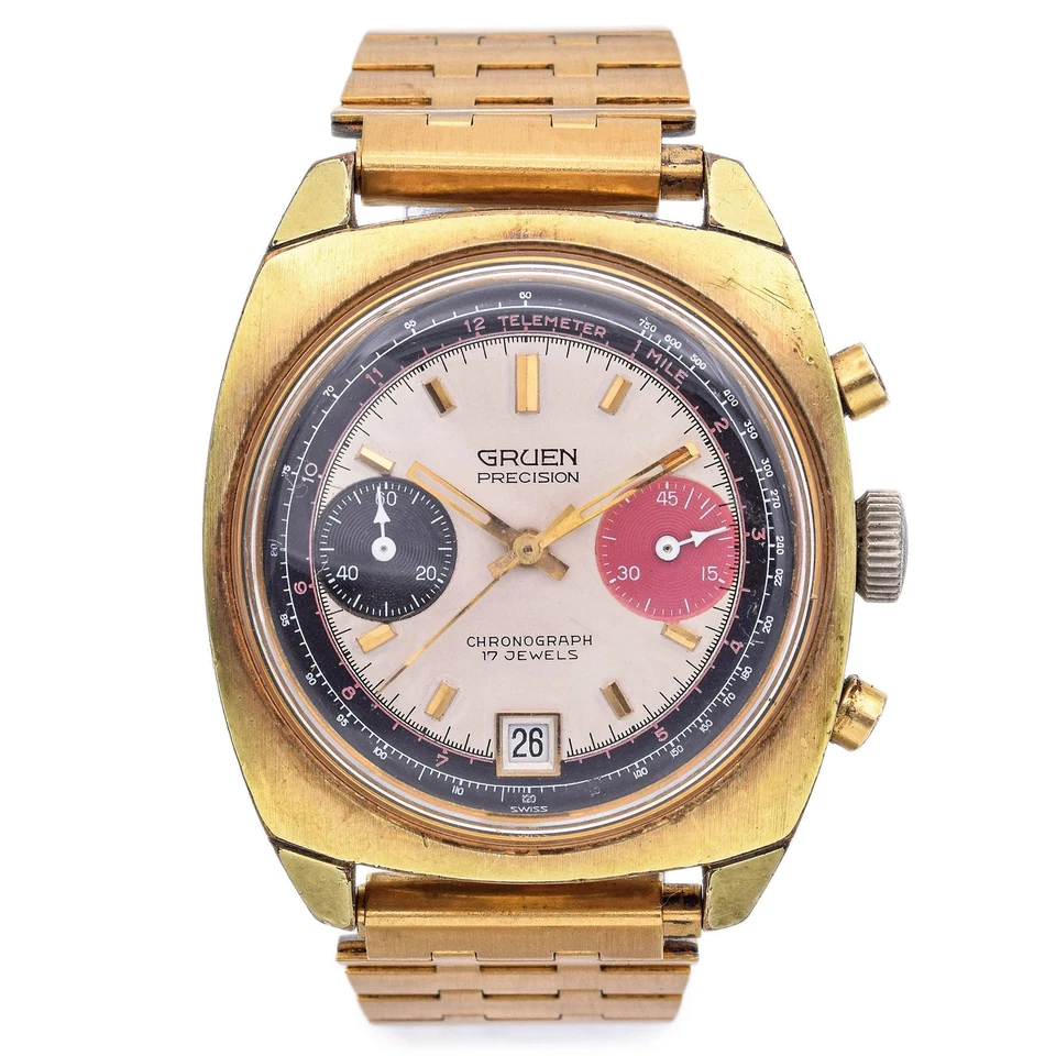 Vintage Gruen Valjoux 7734 Gold Plated Chronograph Hand Wind Men's Date Watch