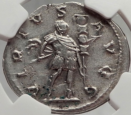 GALLIENUS mit SPEER & Standard 258 n. Chr. Antike römische Silbermünze i61983