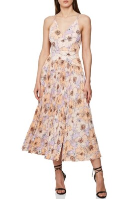 NEW Reiss Sz Midi Dress Corinne Purple Beige Floral Pleated