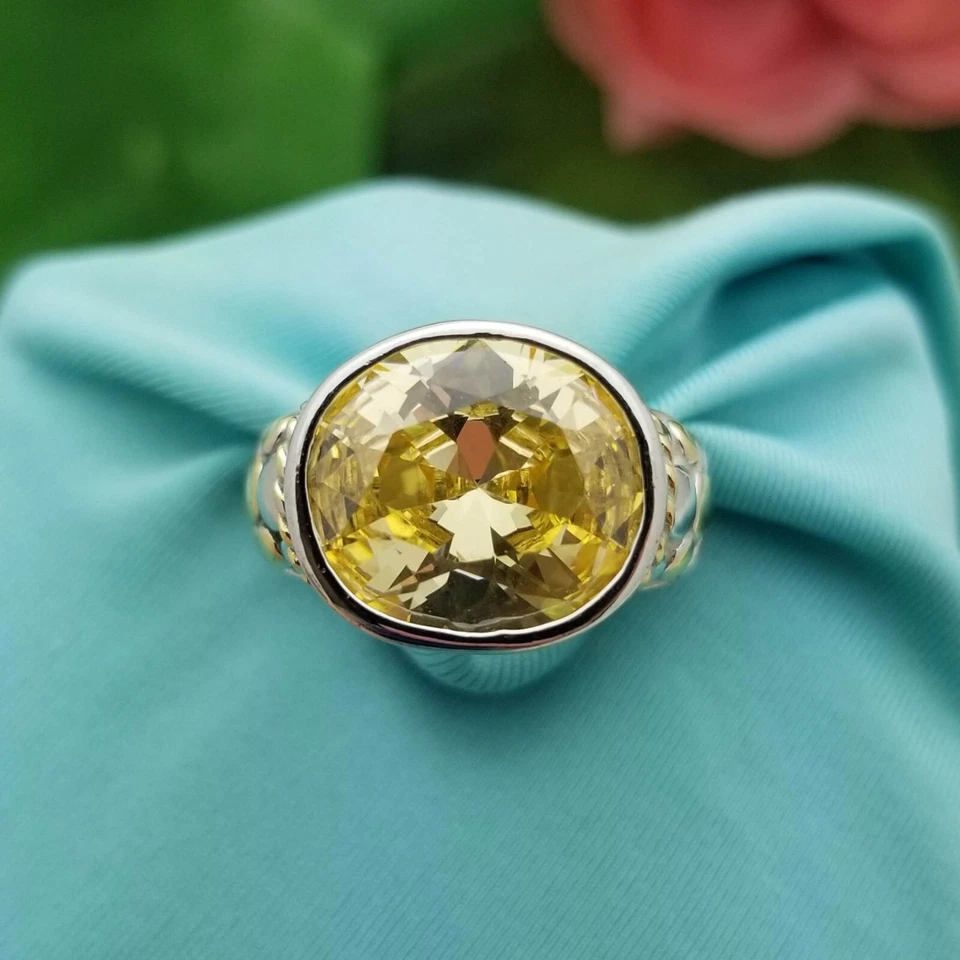 Piedra canaria ovalada enchapada en oro blanco de 18 quilates - Anillo de moda de puntos - De colección Foto 3 de 4