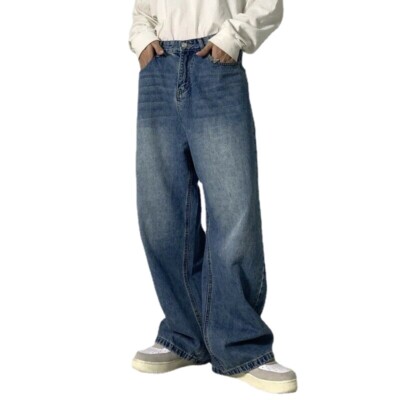 Men Loose Straight Fit Jeans Retro Denim Pants Wide Leg Trousers Hip Hop Loose