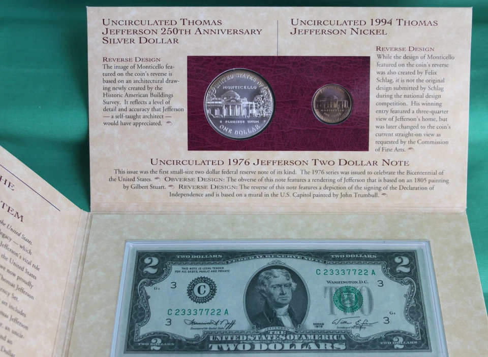 1993 Jefferson Silver $1 Coin and Currency US Mint Set with $2 Note Matte Nickel - Image 2 of 4