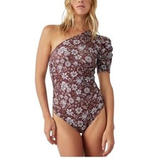 Intimately Free People One Shoulder Floral Bodysuit Brown Blue Puff Sleeve Small