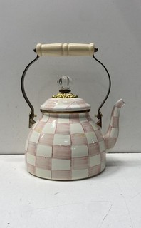 MacKenzie Childs Rosy Check Enamel Tea Kettle Pink White Checkered Pattern