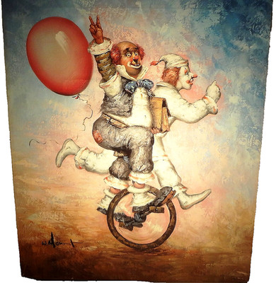  c1970's WILLIAM MONINET - ORIGINAL OIL PAINTING of CLOWNS on a UNICYCLE - RARE!
