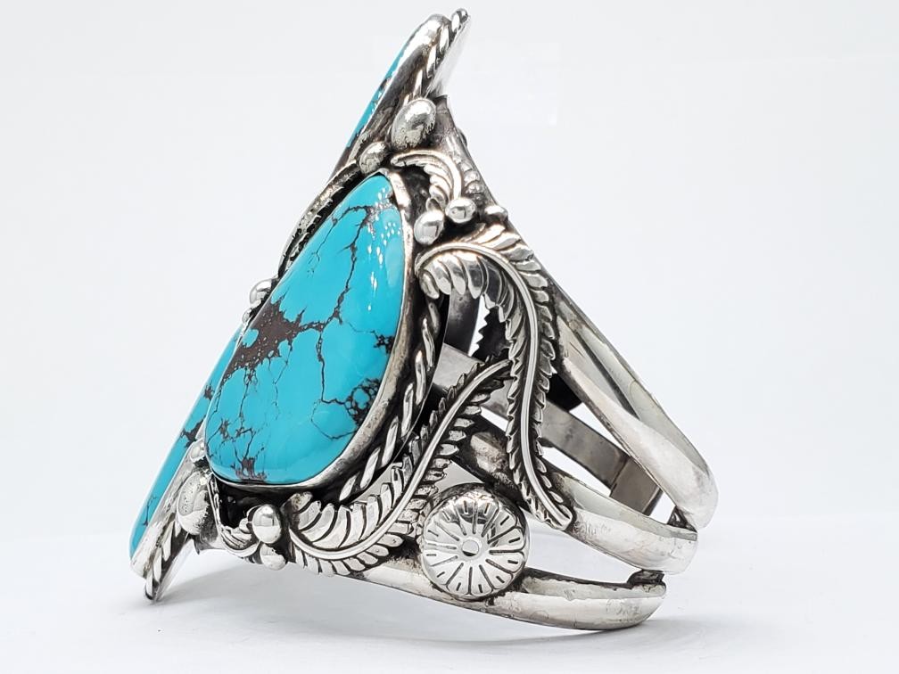 925 Solid Silver Cabochon Cut Turquoise Cuff Brac… - image 4