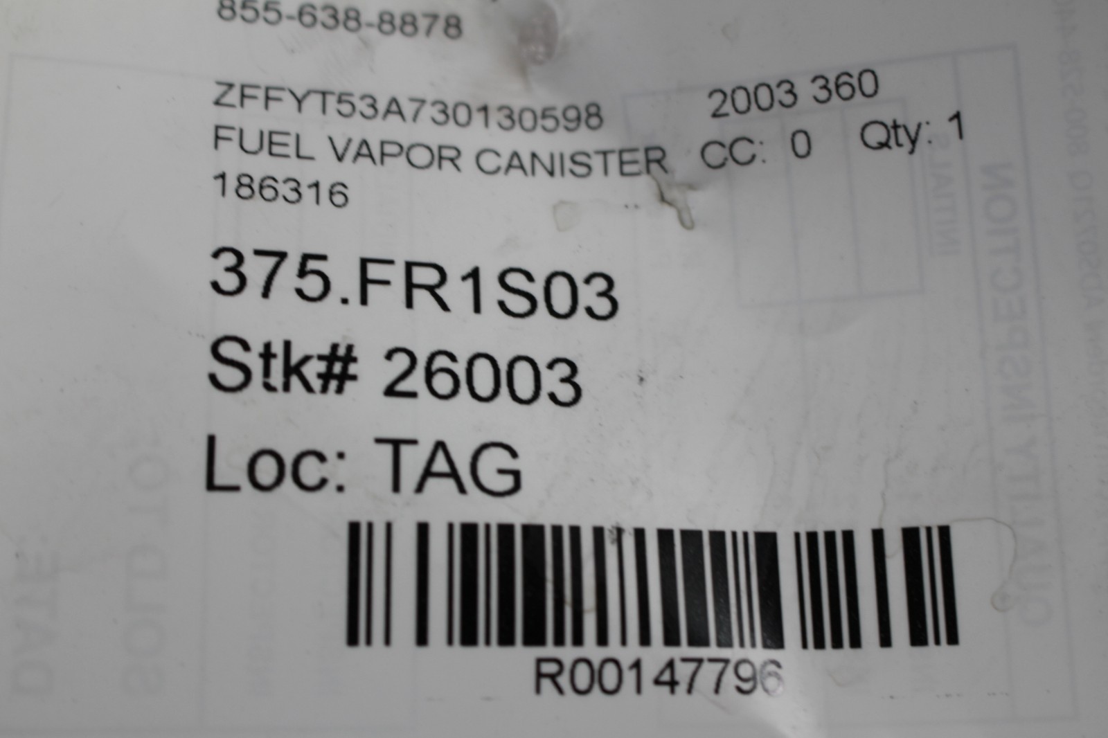 Ferrari 360, 575, Fuel Vapor Canister, Used, P/N 186316