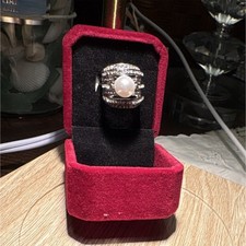 Silver Cocktail Ring with Round White Pearl and Rhinestone Accents