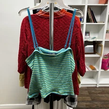 Y2K Venezia Spaghetti Tank Top, Striped Blue & Green, Removable Straps, 22/24