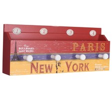 Wandgarderobe „Paris & New York“ Vintage Hakenleiste Holz mit Ablage Industrial