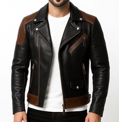 Men s Genuine Leather Cafe Racer Jacket   Brown & Black Motorcycle Biker Style