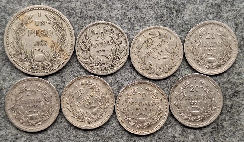 8 Different Old Chile Coins 1924-1941 Vintage World Foreign !!