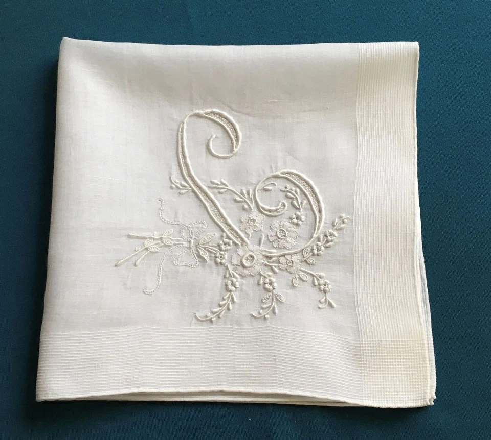  Vtg Unused Madeira White Wedding Hanky  Embroidered Monogram "C” Gerbrend - Image 3 of 4