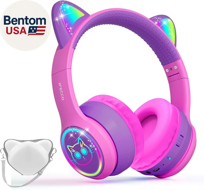 IFECCO Wireless Kids Headphones with Microphone,Foldable Cute Light up Cat Ear C
