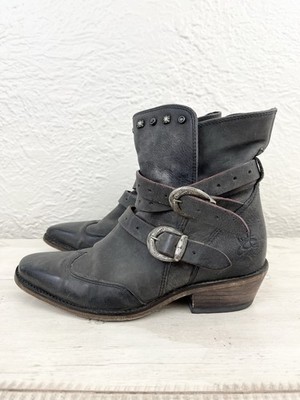 John Fluevog Boots Mitchell Studded Black Gray Leather Buckles Straps size 8
