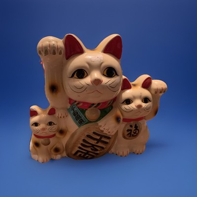 1950 s Maneki Neco Triple  Good Luck Cats Bank. Vtg. Some Chips On Smallest Cat