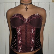 Heart Moon Star Plum Purple Mesh Corset Top Strapless Pink Ribbon Large