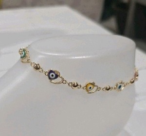Authentic 14k Gold Plated Enamel Evil Eye Heart Charm Ankle Chain,  Size 8"-10"