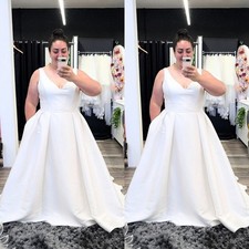 simple Wedding Dresses With Side Pockets V Neck Satin White Ivory Bridal Gown